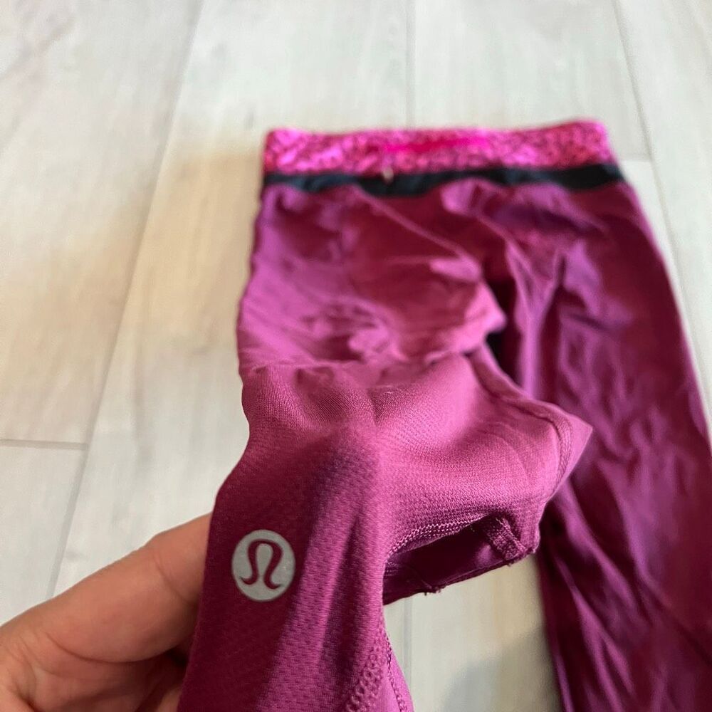 lululemon athletica Wine Red Cropped Leggings with Pink Leopard Waistband - Picture 7 of 9